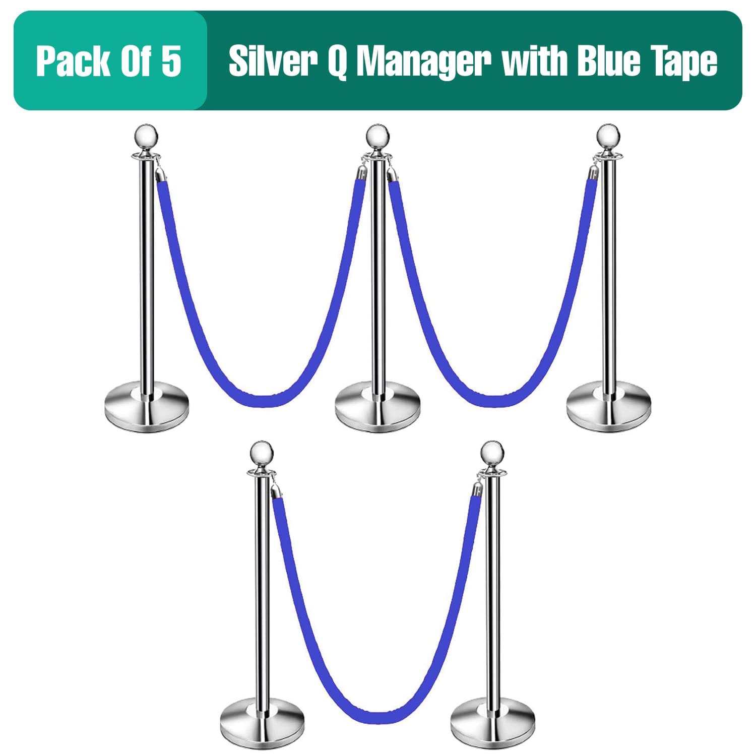 LADWA Set of 5 Silver Finish Q Please (Q Manager) with Blue Velvet Rope for Ensuring Social Distancing, Queue Manager with 1.5m Rope, Barricade, Stanchions (Set of 5 Pillar and 5 Rope) view 2