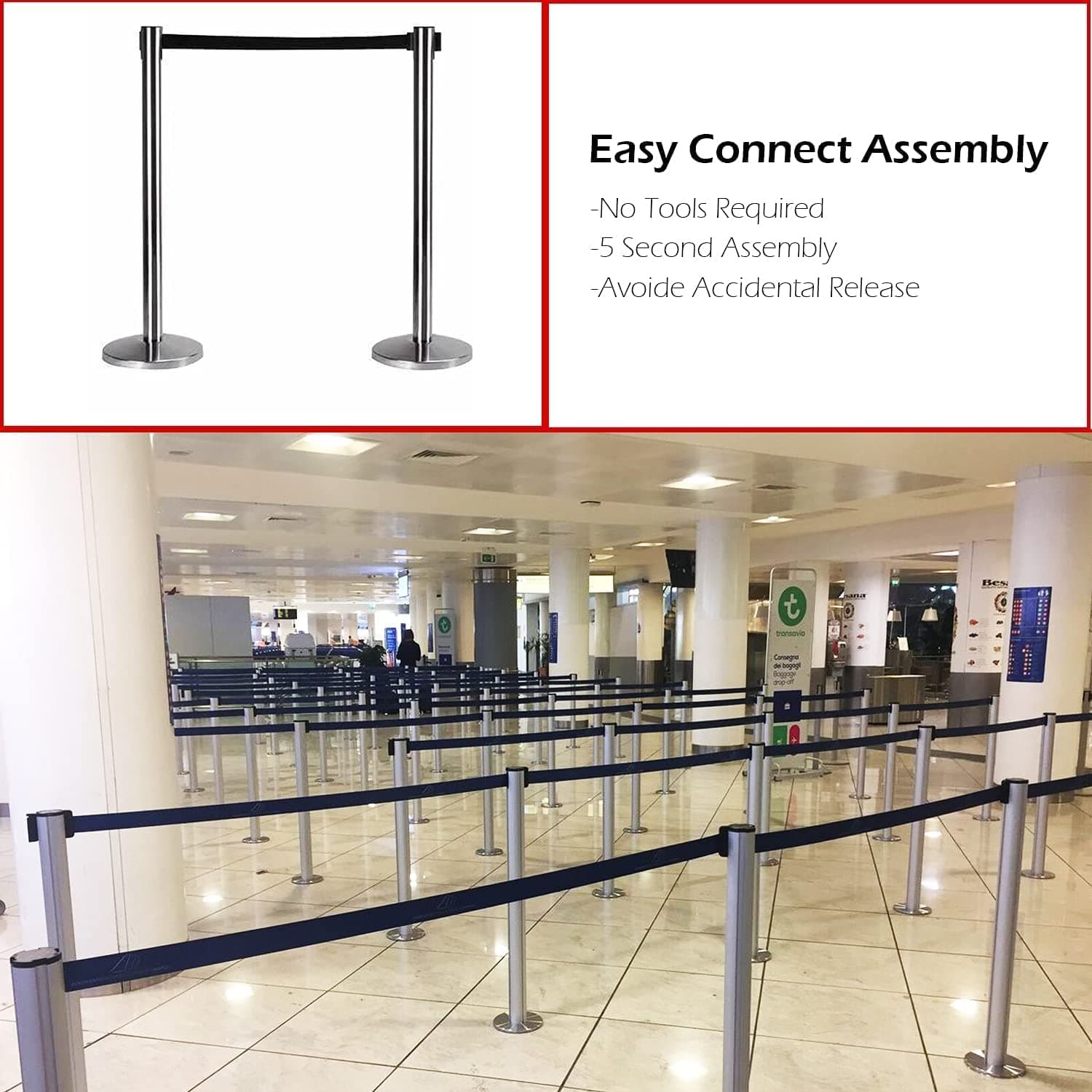 LADWA Set of 3 Q Please (Q Manager), 202 Grade Extendable 2.25 mtr Hook Type Stanchions Barrier Accessories Steel Barricade, Black Que Manager view 4