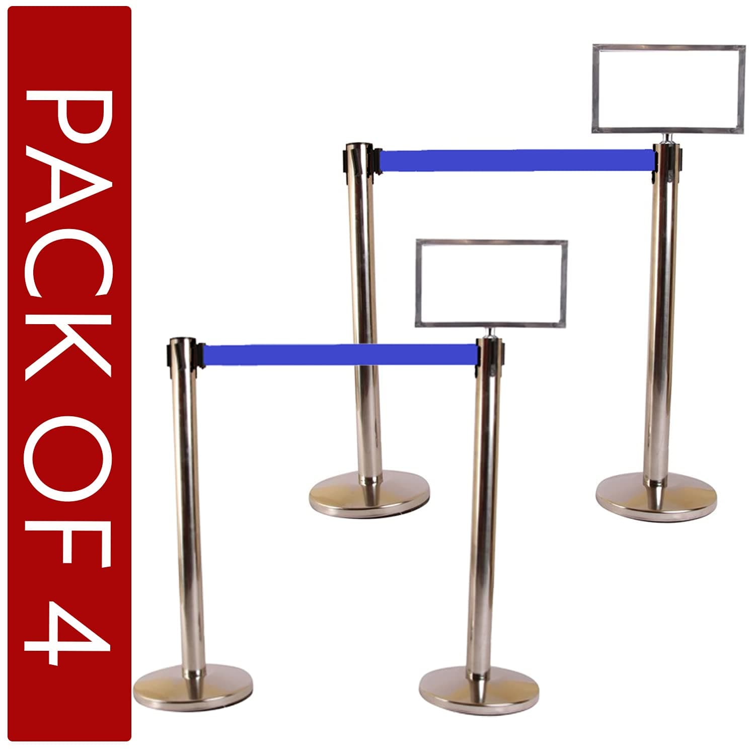 LADWA Set of 2 Q Please (Q Manager), 202 Grade Extendable 2.25 mtr Hook Type Stanchions Barrier Accessories Steel Barricade, Que Manager with A4 Sign Plate - Blue Tape view 2