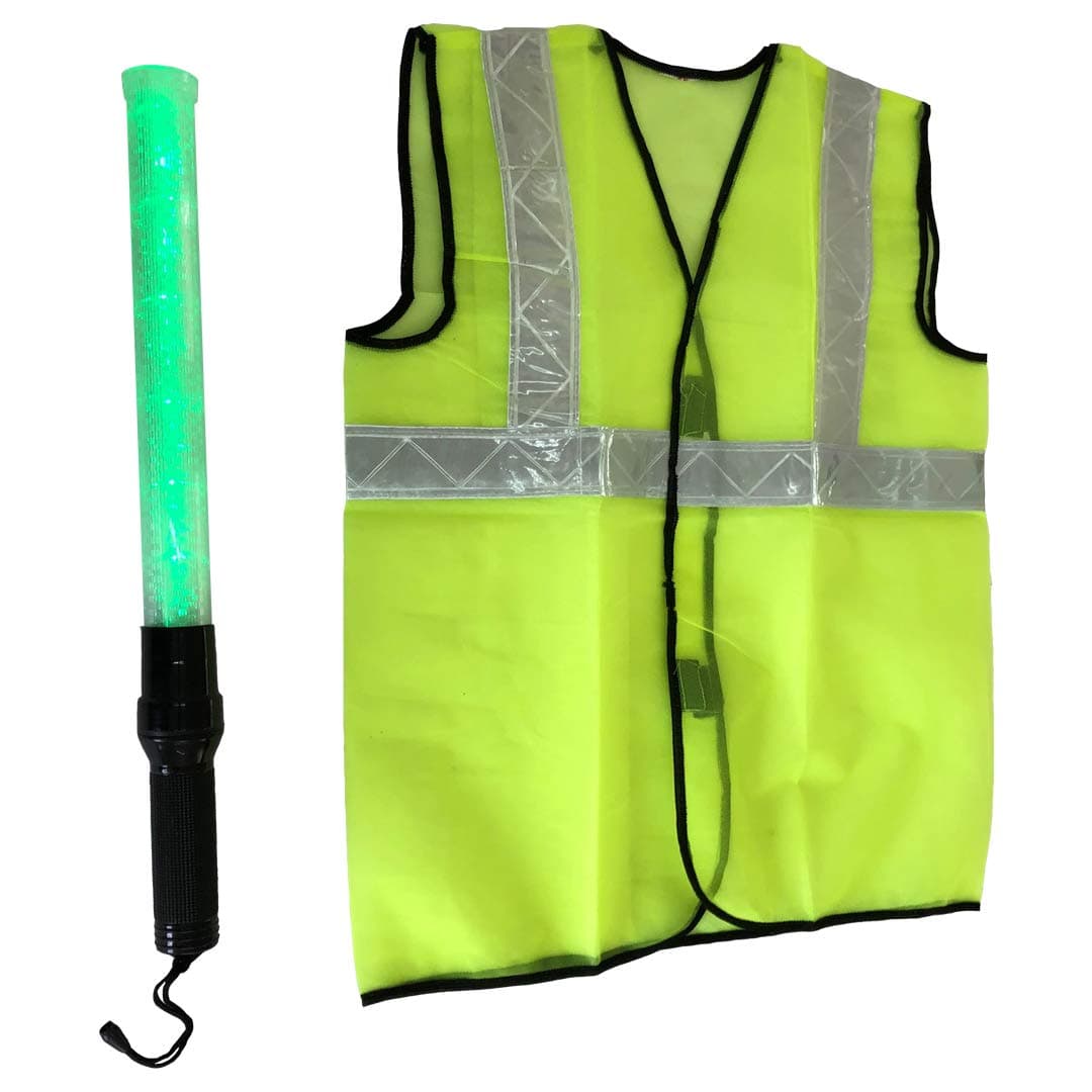 LADWA Plastic Reflective Jacket and Traffic Baton 1 Green RJ and 1 BRG Combo Pack