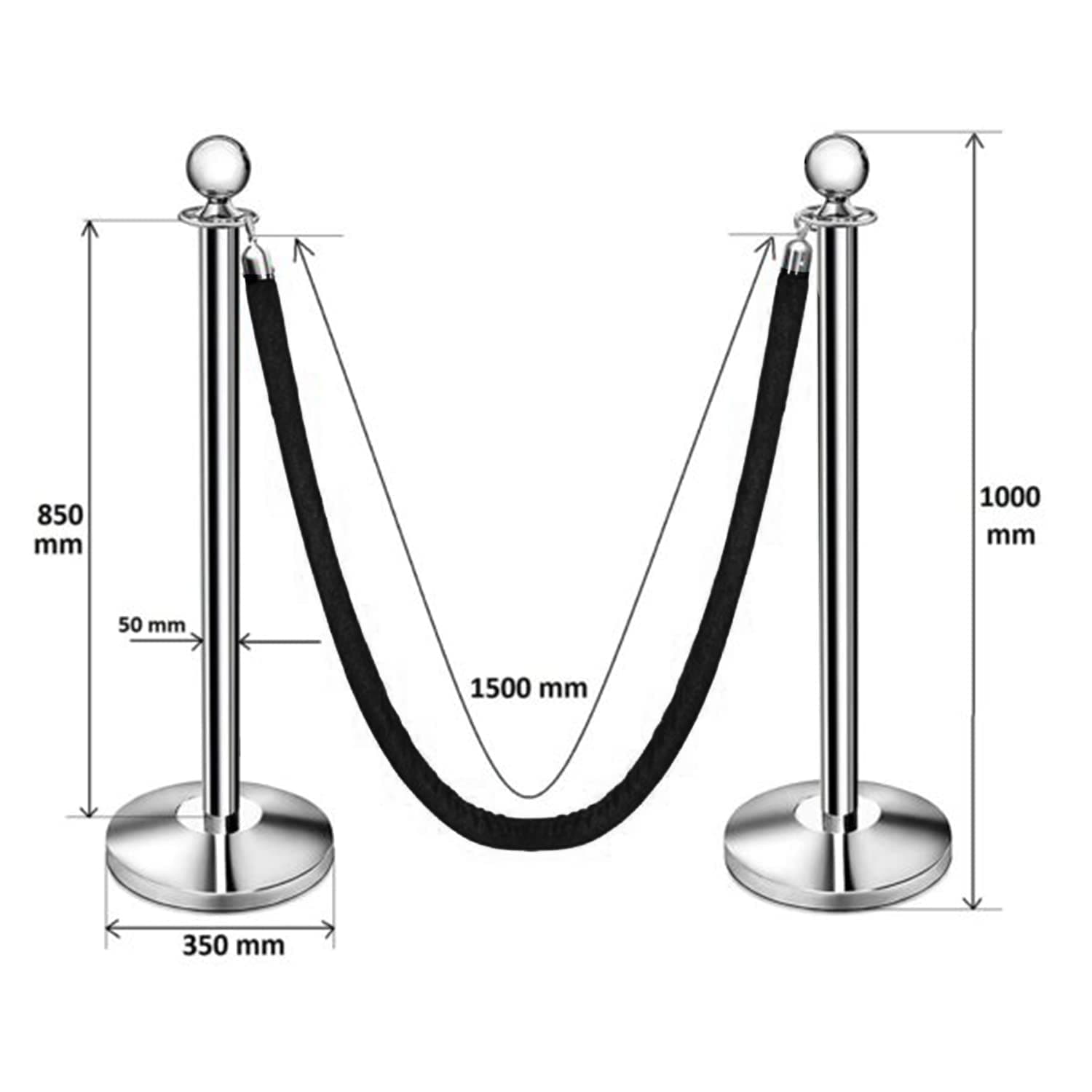 LADWA Set of 3 Silver Finish Q Please (Q Manager) with Black Velvet Rope for Ensuring Social Distancing, Queue Manager with 1.5m Rope, Barricade, Stanchions (Set of 3 Pillar and 3 Rope) view 3