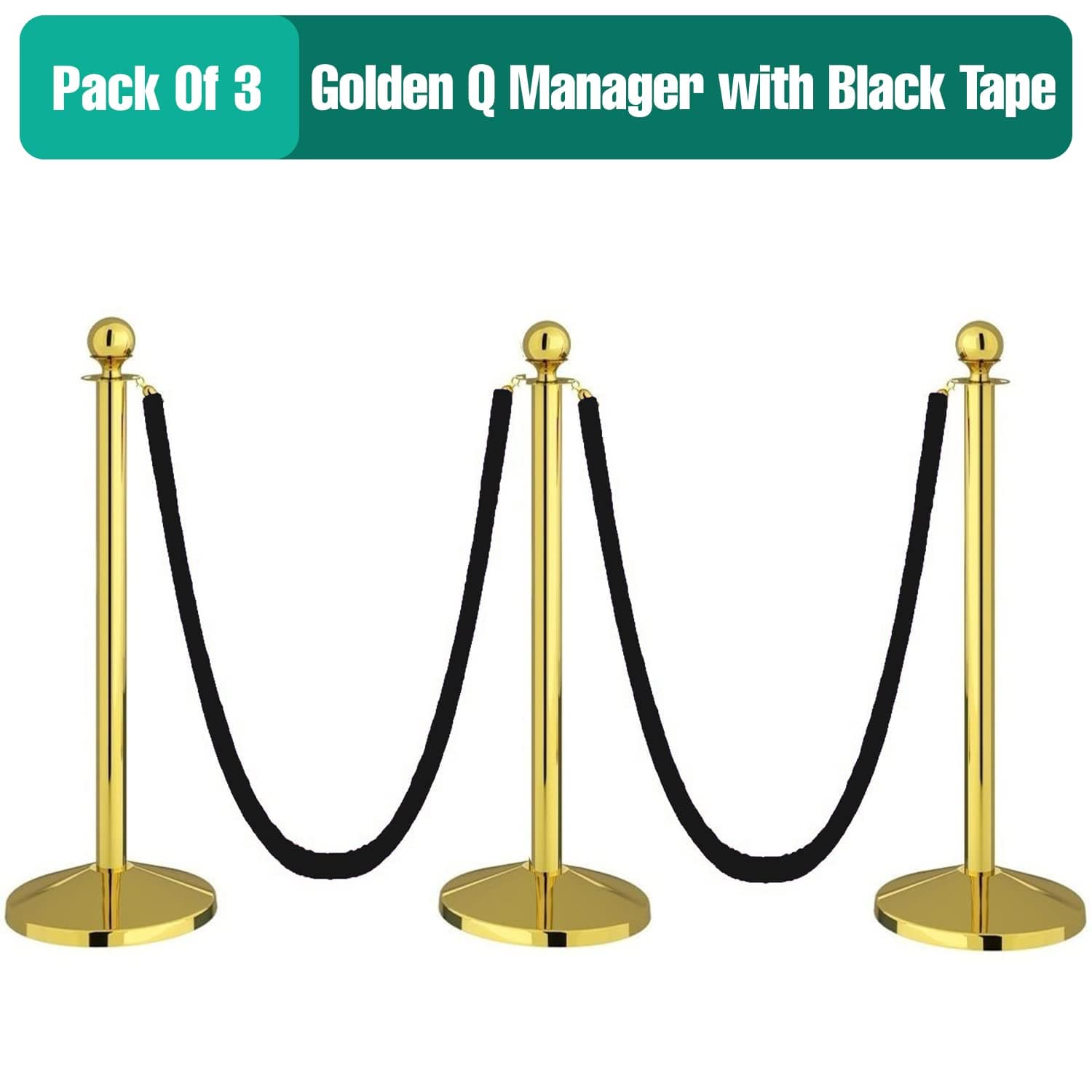 LADWA Set of 5 Golden Finish Q Please (Q Manager) with Black Velvet Rope for Ensuring Social Distancing, Queue Manager with 1.5m Rope, Barricade, Stanchions (Set of 5 Pillar and 5 Rope) view 2