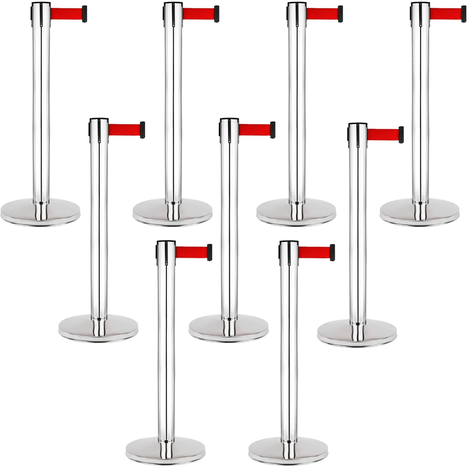 LADWA Set of 9 Q Please (Q Manager), 202 Grade Extendable 2.25 mtr Hook Type Stanchions Barrier Accessories Steel Barricade, Red Que Manager