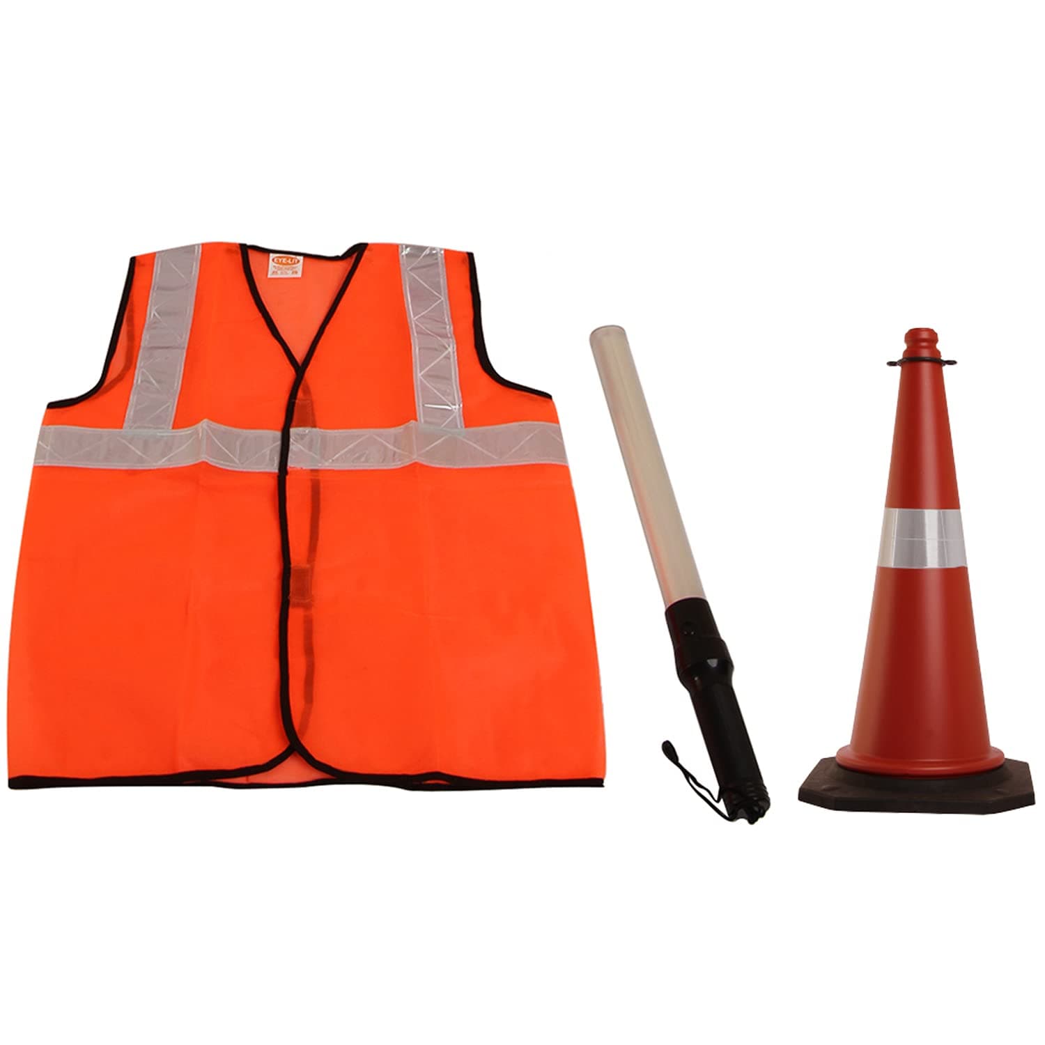 LADWA Combo 3 Pcs of Reflecting Jacket, Traffic Safety Cone and Rechargeable Traffic Safety Light Stick Baton with 3 Flashing Modes - (1 X Reflective Jacket + 1 X Baton + 1 X Traffic Safety Cone)