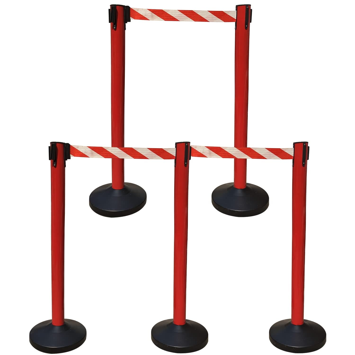 Ladwa Set of 5 Q Please (Q Manager), 202 Grade Extendable 2.25 mtr Hook Type Stanchions Barrier Accessories Red pole with red & white zebra tape Que Manager