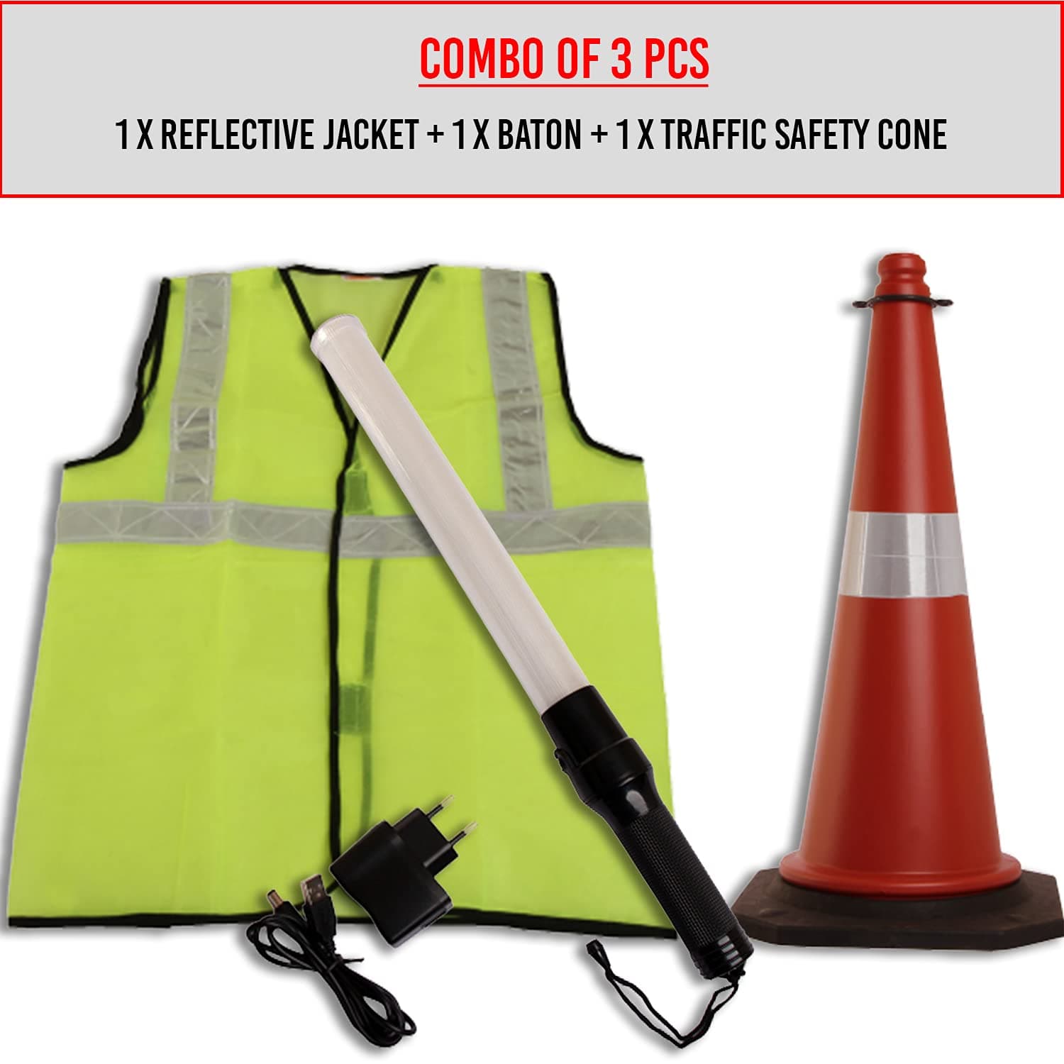 LADWA Combo: 3pcs - Green Reflective Jacket, Traffic Cone & Rechargeable Safety Baton (20") with 3 Flash Modes (1 Jacket + 1 Baton + 1 Cone). view 5