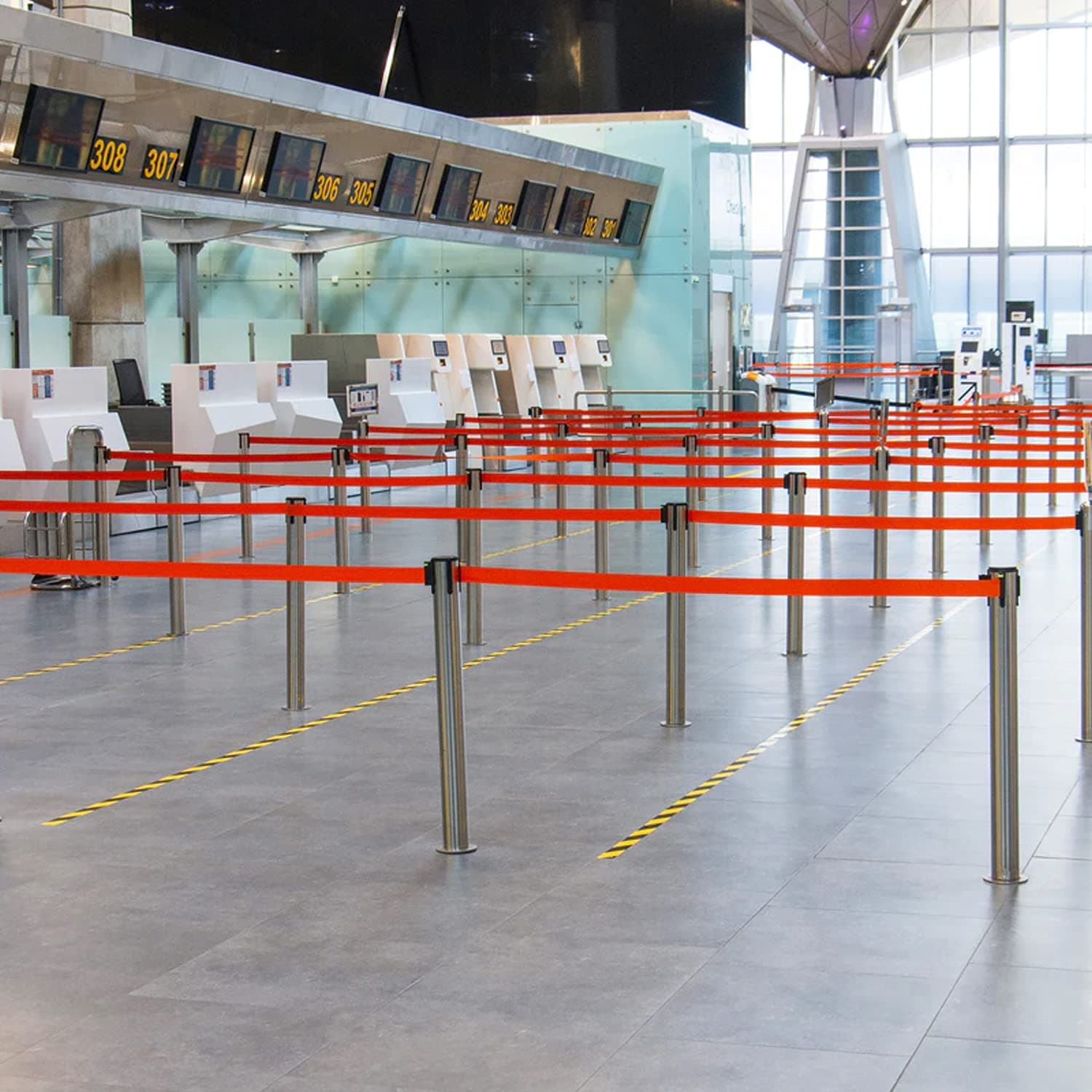 LADWA Set of 4 Q Please (Q Manager), 202 Grade Extendable 2.25 mtr Hook Type Stanchions Barrier Accessories Steel Barricade, Que Manager with A4 Sign Plate - Red Tape view 4
