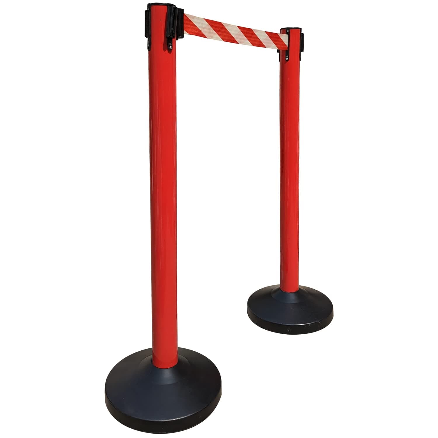Ladwa Set of 2 Q Please (Q Manager), 202 Grade Extendable 2.25 mtr Hook Type Stanchions Barrier Accessories Red pole with red & white zebra tape Que Manager view 2