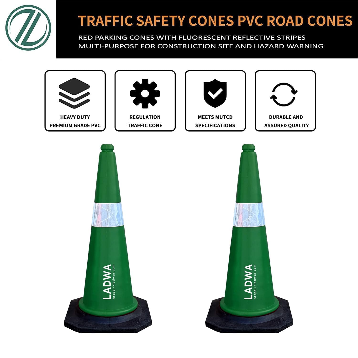 LADWA 750mm Impact Resistant Road 1 Traffic Safety Green Cones + 1 mtr chain + 1 Hooks. view 2