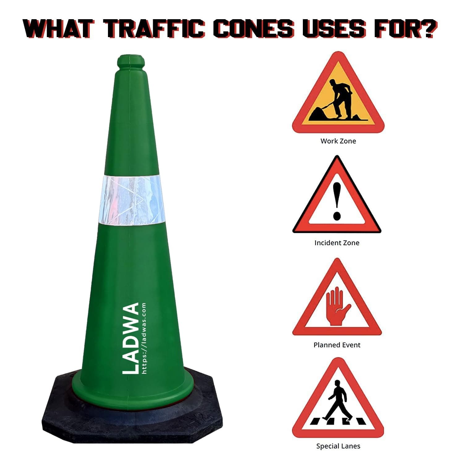 LADWA 750mm Impact Resistant Road 1 Traffic Safety Green Cones + 1 mtr chain + 1 Hooks. view 3