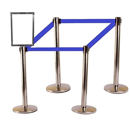 LADWA Set of 2 Q Please (Q Manager), 202 Grade Extendable 2.25 mtr Hook Type Stanchions Barrier Accessories Steel Barricade, Que Manager with A4 Sign Plate - Blue Tape
