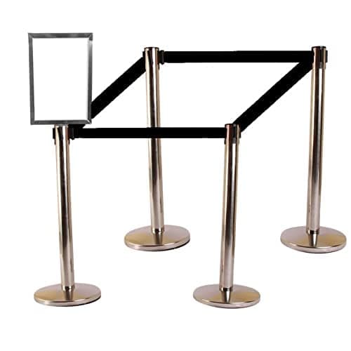 LADWA Set of 4 Q Please (Q Manager), 202 Grade Extendable 2.25 mtr Hook Type Stanchions Barrier Accessories Steel Barricade, Que Manager with A4 Sign Plate - Black Tape