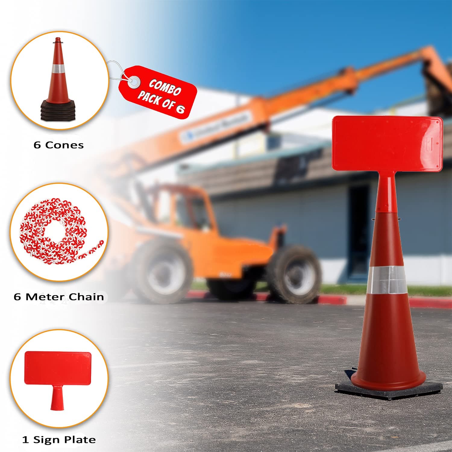 LADWA 750mm Combo of Impact Resistant Road 1 Traffic Safety Cones + 1 mtr chain + 1 Hooks & 1 Sign Plate with Reflective Strips Collar For Road Attention view 5