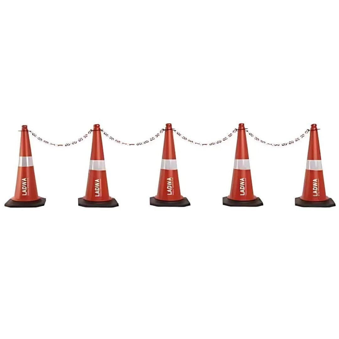LADWA Road Traffic Cones – 750mm Height Cones with Reflective Strips, 4m Chain & 4 Hooks for Secure Barriers – Ideal for Road Safety, Construction Zones, and Parking Areas (Pack of 5)