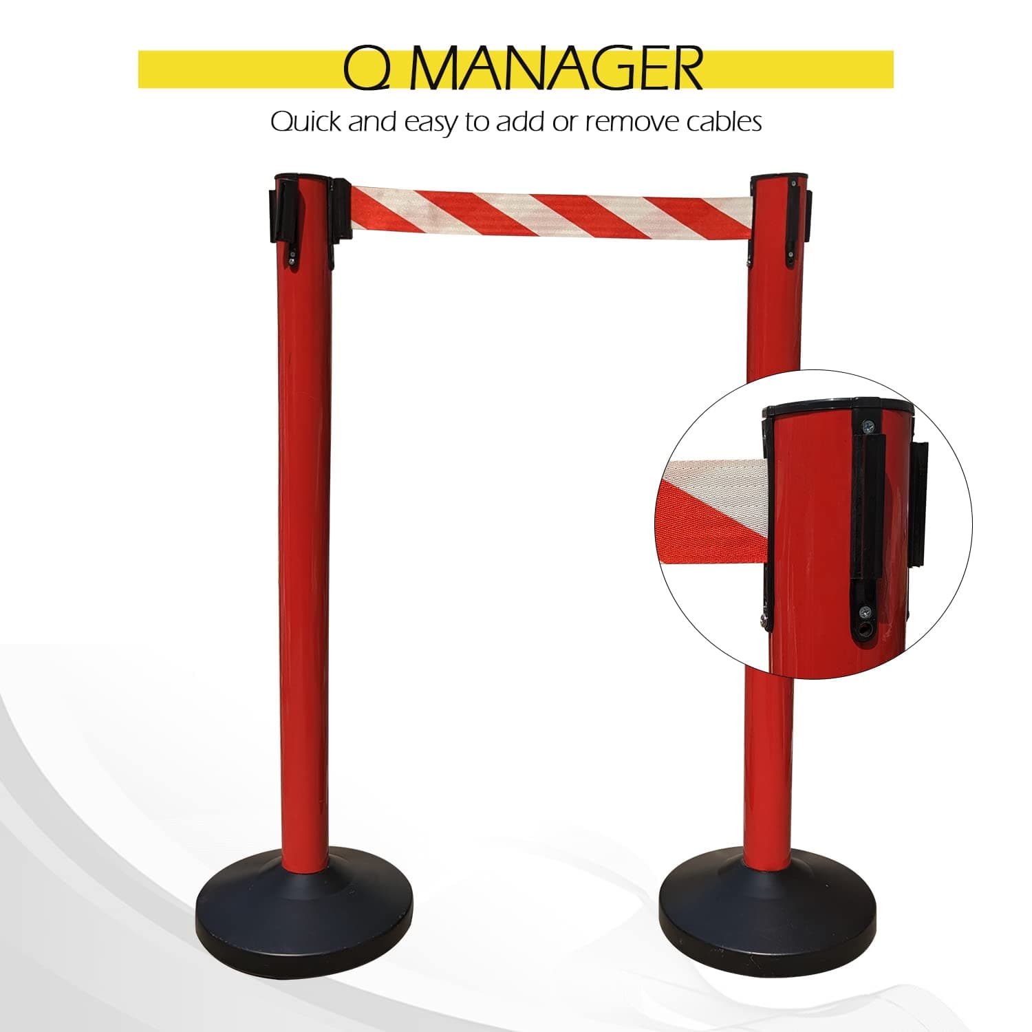 Ladwa Set of 2 Q Please (Q Manager), 202 Grade Extendable 2.25 mtr Hook Type Stanchions Barrier Accessories Red pole with red & white zebra tape Que Manager view 4