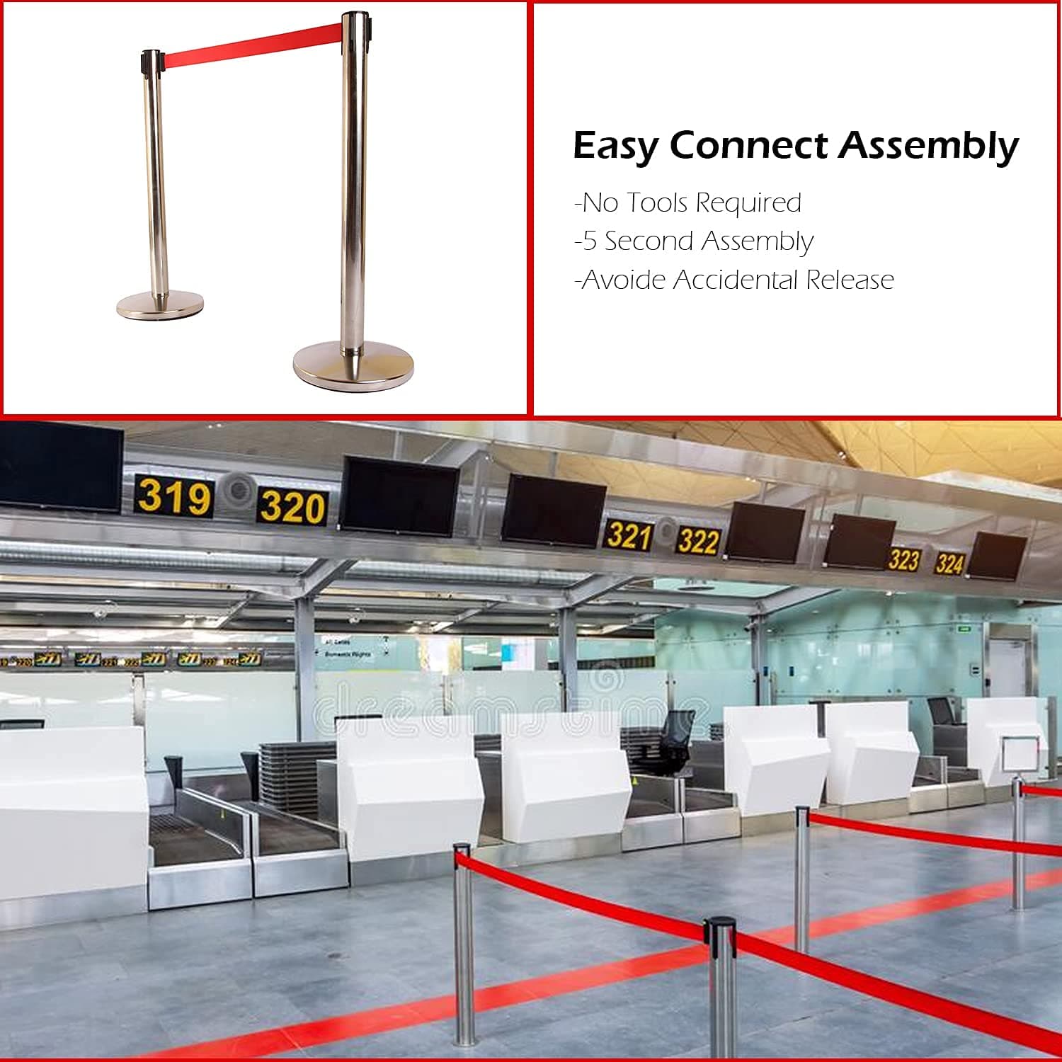 LADWA Q Please (Q Manager), 202 Grade Extendable 2.25 m Hook Type Stanchions Barrier Accessories Steel Barricade, Que Manager - Red - Set of 2 view 2