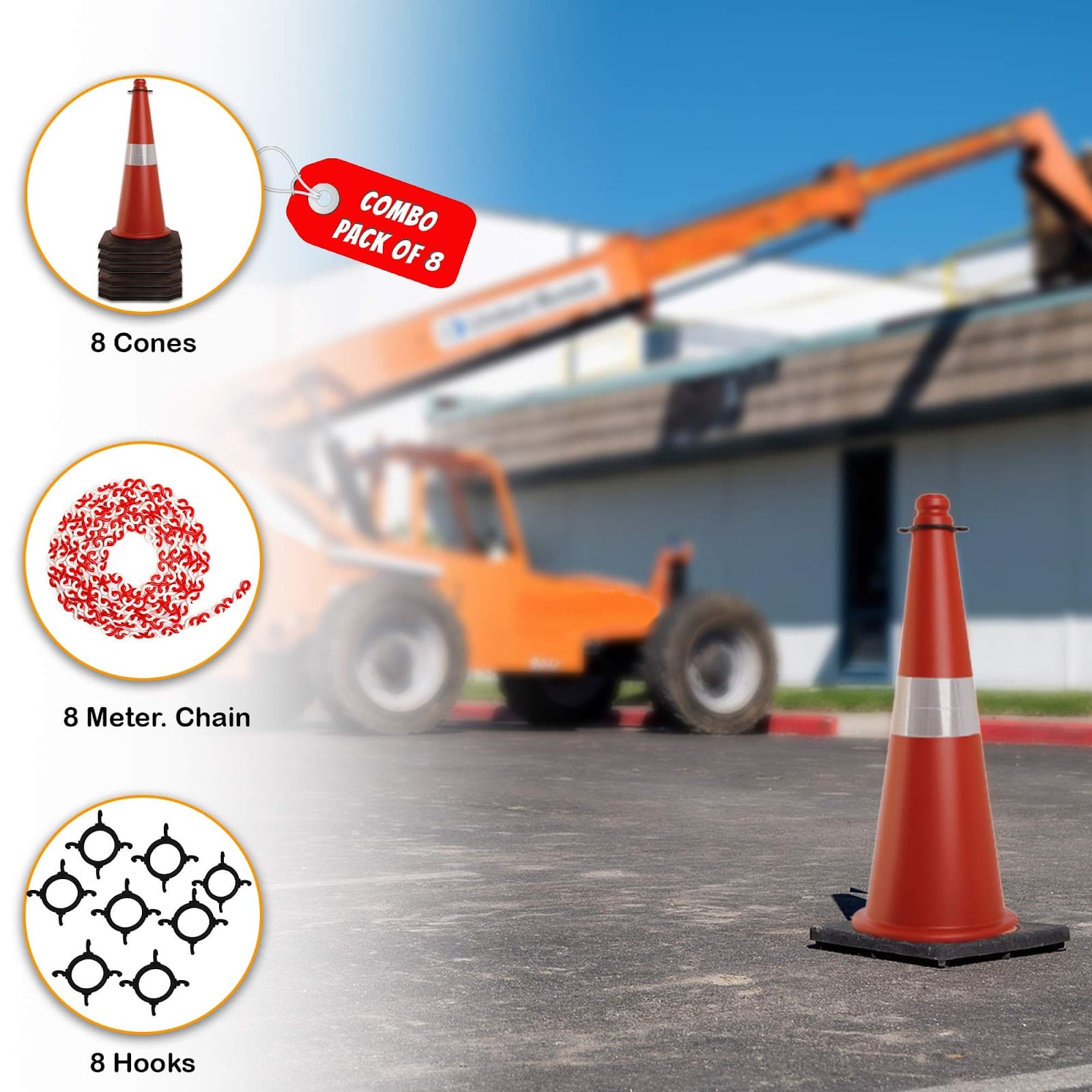 LADWA Road Traffic Cone, Pack of 2 cones 750mm, with 2 mtr chain + 2 hooks, (Safety Cone, Traffic Safety Cone, Road Safety Cone with Reflective Strips Collar) view 2