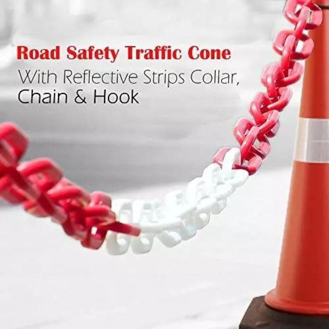 LADWA 750mm Combo of Impact Resistant Road 10 Traffic Safety Cones + 10 mtr chain + 10 Hooks with Reflective Strips Collar For Road Attention view 3