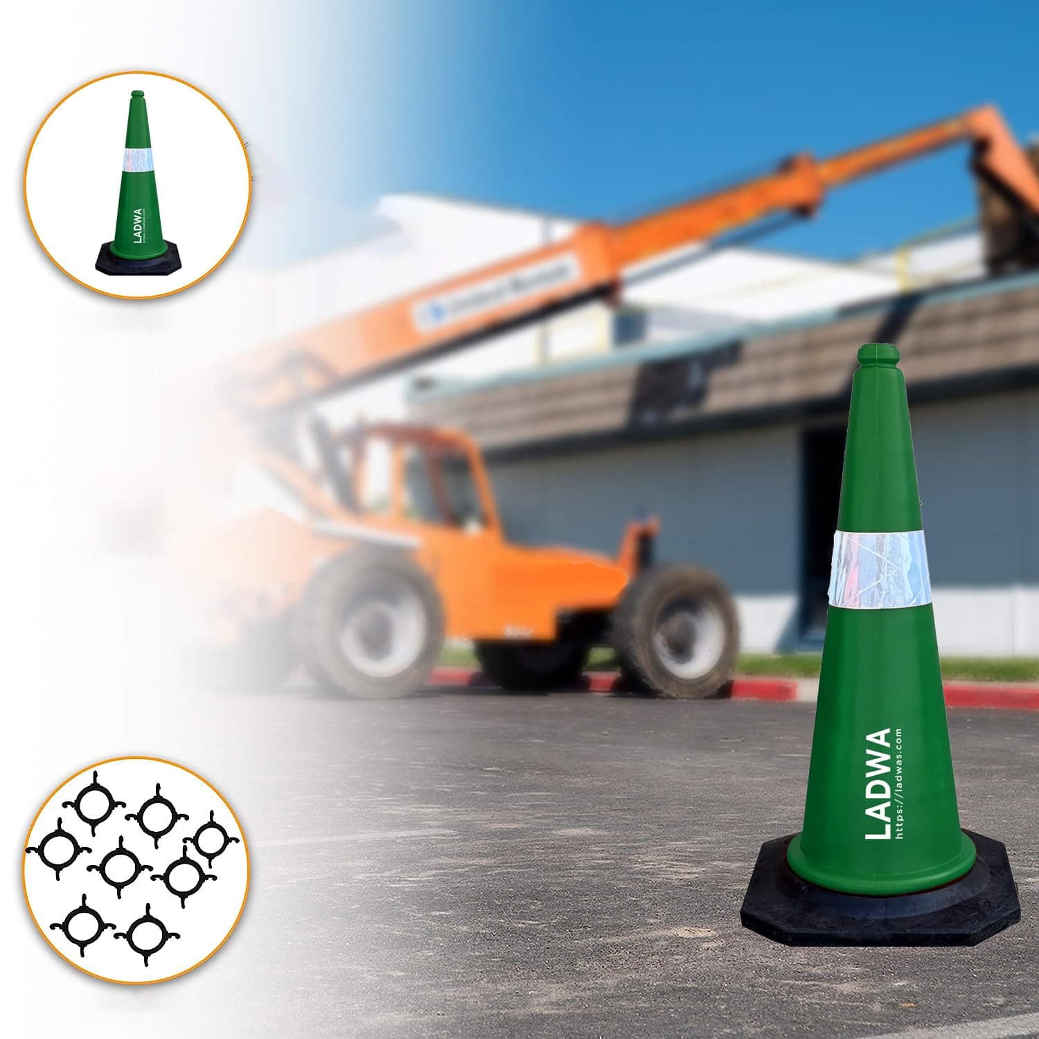 LADWA 750mm Impact Resistant Road 1 Traffic Safety Green Cones + 1 mtr chain + 1 Hooks. view 4