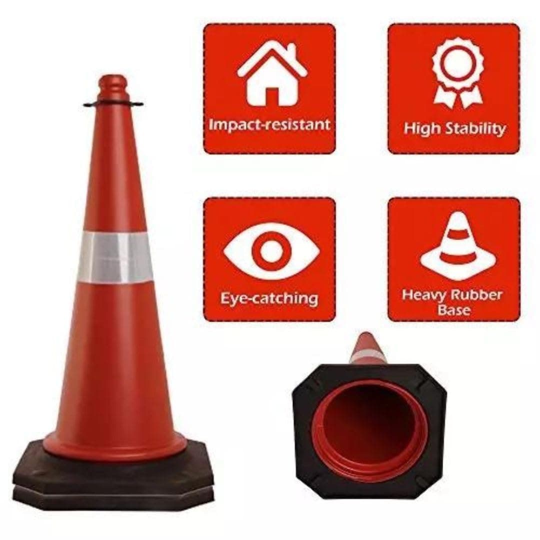 LADWA 750mm Combo of Impact Resistant Road 10 Traffic Safety Cones + 10 mtr chain + 10 Hooks with Reflective Strips Collar For Road Attention view 4