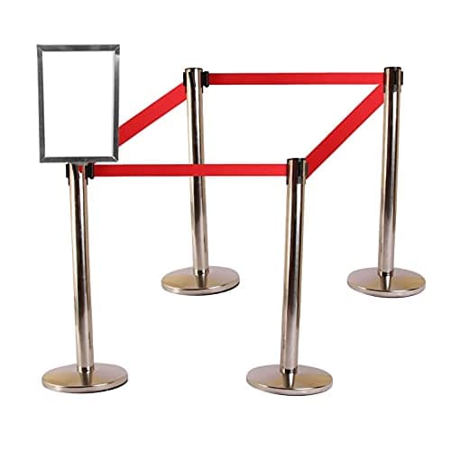 LADWA Set of 4 Q Please (Q Manager), 202 Grade Extendable 2.25 mtr Hook Type Stanchions Barrier Accessories Steel Barricade, Que Manager with A4 Sign Plate - Red Tape