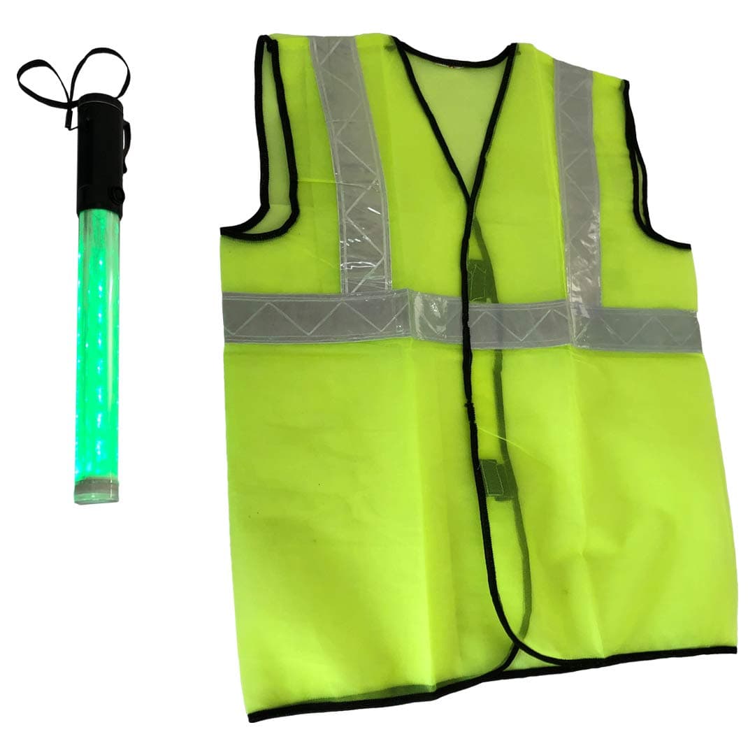 LADWA Reflective Jacket & Traffic Baton - Combo Pack (1 Green RJ + 1 BRG)