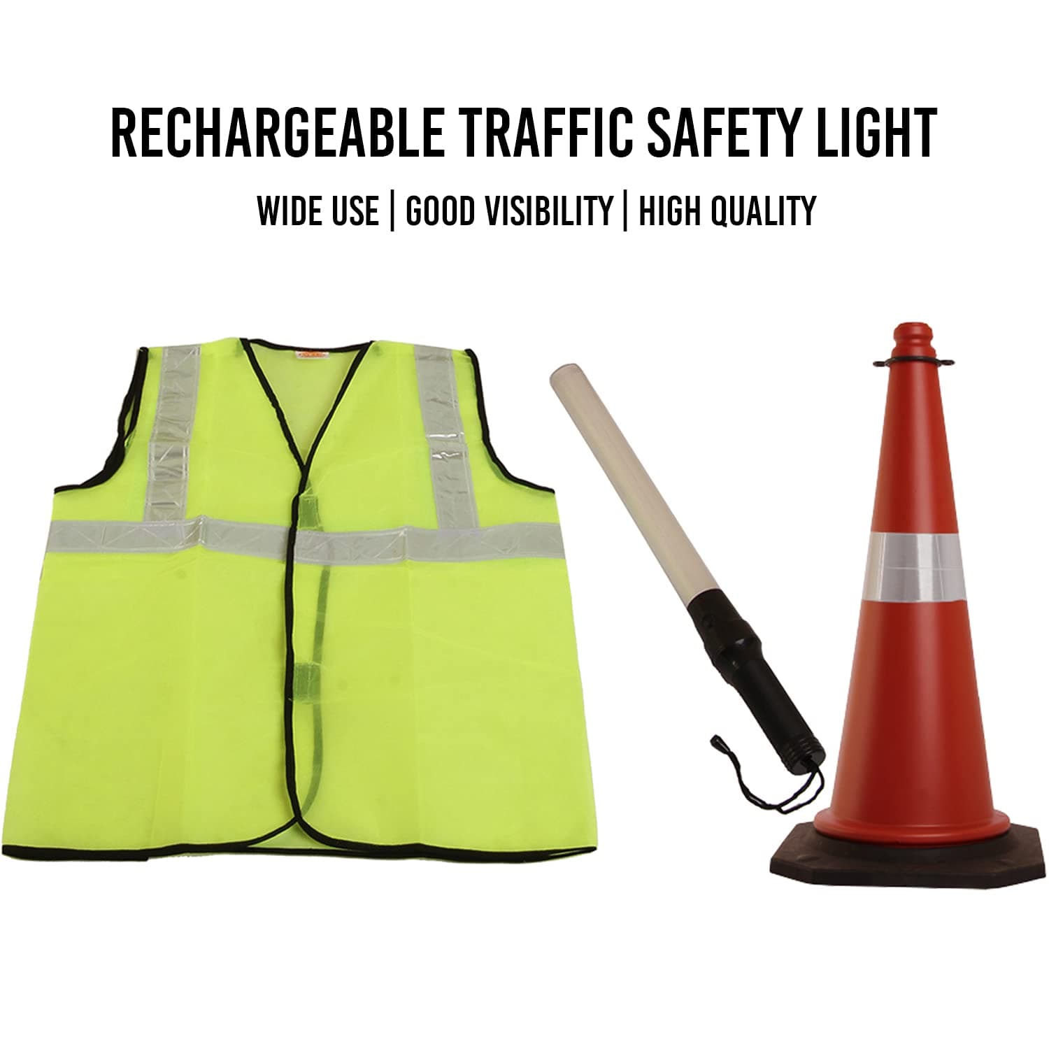 LADWA Combo: 3pcs - Green Reflective Jacket, Traffic Cone & Rechargeable Safety Baton (20") with 3 Flash Modes (1 Jacket + 1 Baton + 1 Cone). view 5