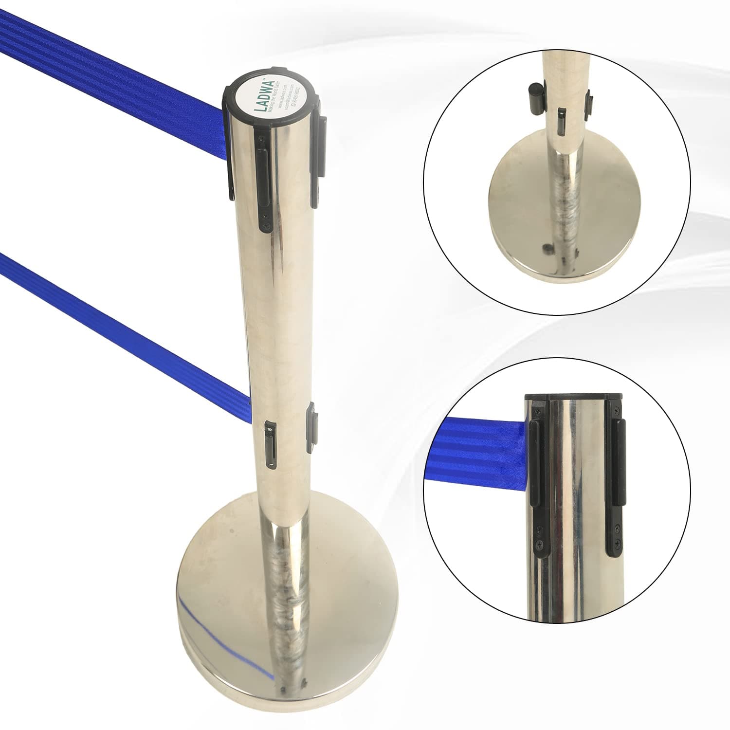 LADWA Set of 2 Double Belt Q Please (Q Manager), 202 Grade Extendable 2.25 mtr Hook Type Stanchions Barrier Accessories Steel Barricade, Blue Que Manager view 2