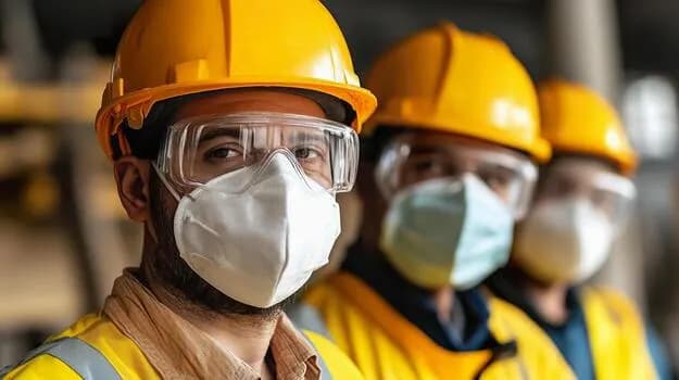 Team of workers following safety protocols with helmets and protective clothing